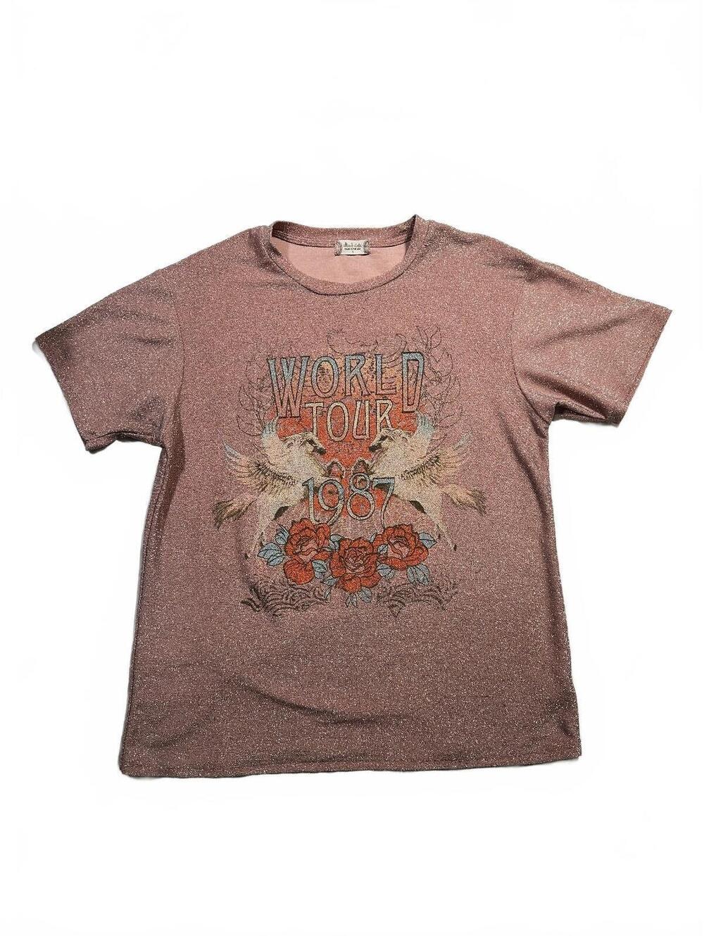 Altar'd State Women's Pink Glitter World Tour 1987 Graphic T-Shirt Size Small